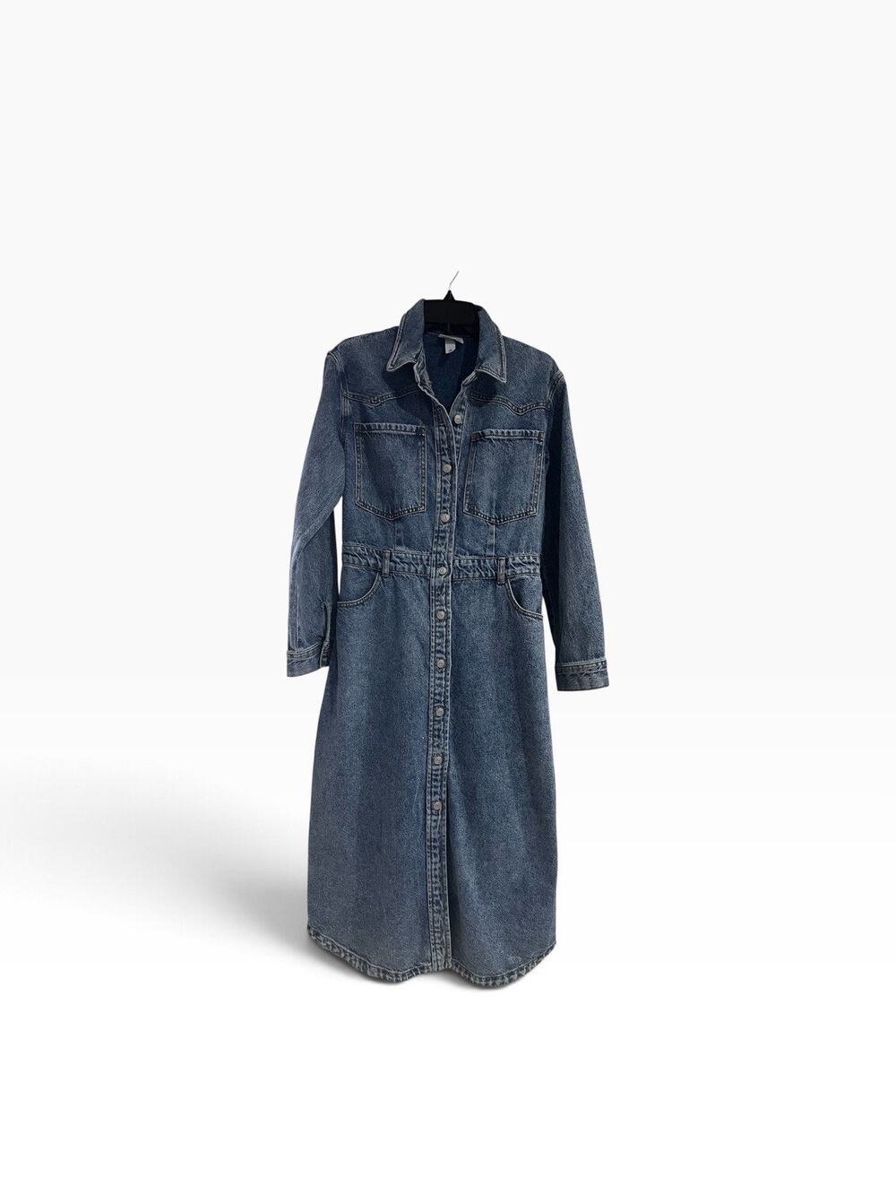 Denim Midi Dress, Long Sleeve Button Front Sleeve 100% Cotton Size 8
